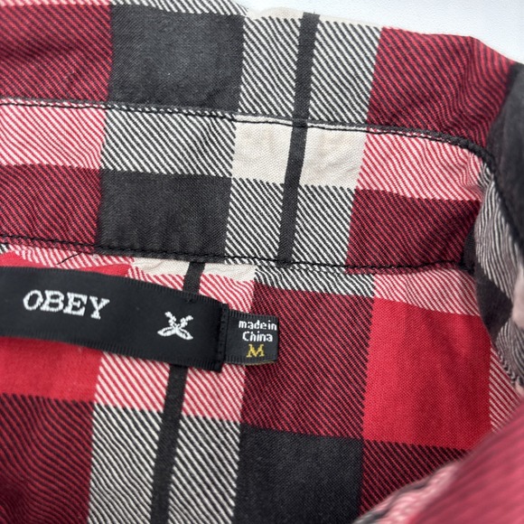 Obey‎ Flannel Shirt Button Down Mens Size Medium Red Checkered Long Sleeve - Picture 11 of 15